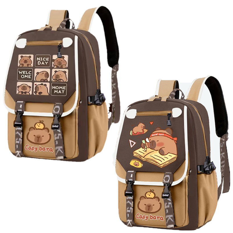 School Backpack Teen - Kawaii capivara elegante cáqui criança mochila