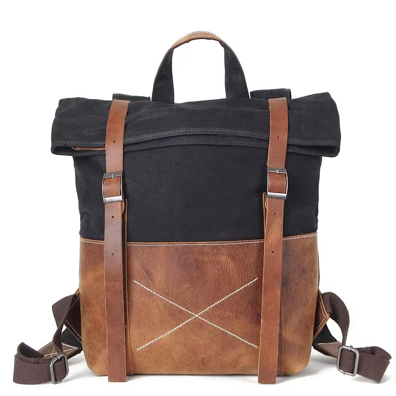 Leather Backpack Vintage - Mochila masculina de lona encerada com
